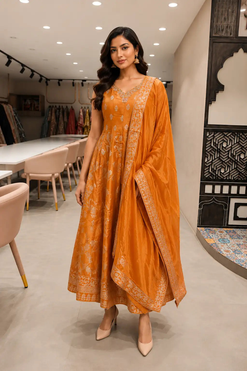 Mustard Orange Anarkali Suit Set with Embroidered Dupatta